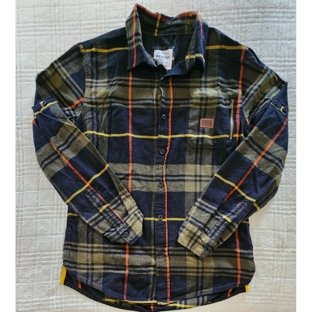 Parish Nation Shirt Jacket Mens L Plaid‎ Green Black Button Shacket Outdoors